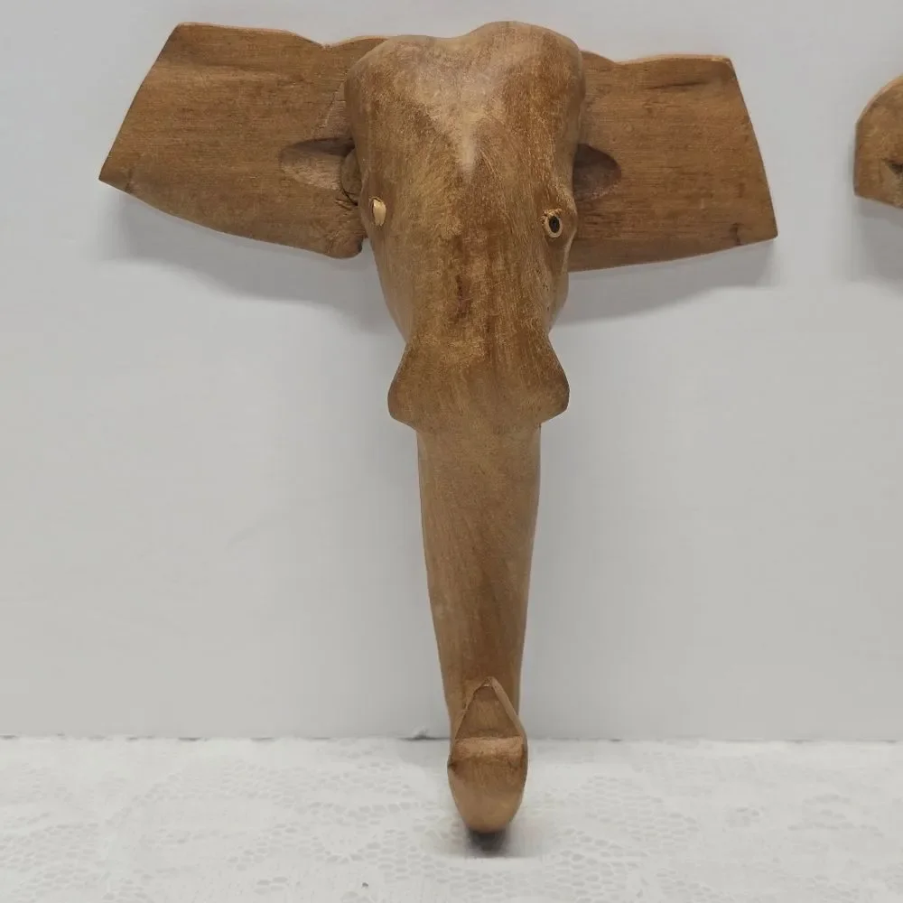 Vintage Hand Carved Elephant Wall Hooks Set Of 2 Indian Boho Decor Cottagecore